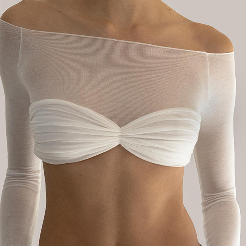 Women Mesh Shoulder Long Sleeve Cropped Top