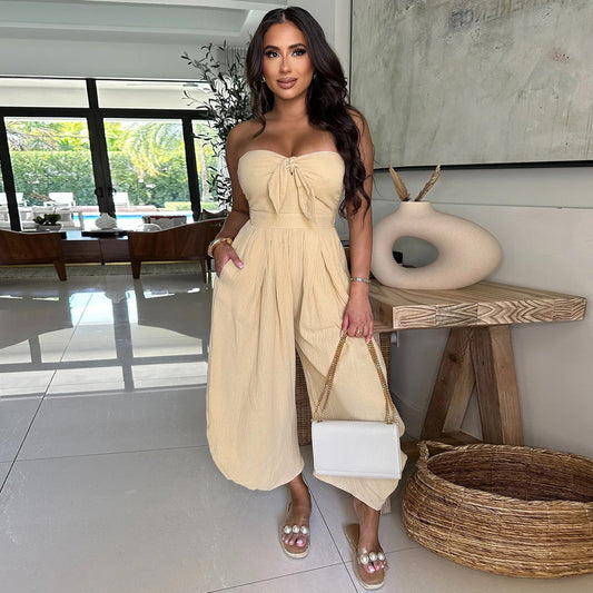 Women Summer Fashion Solid Color Strapless Jumpsuit