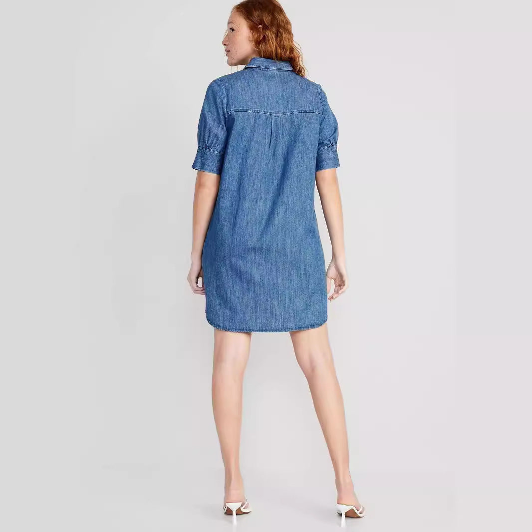Vestido informal sencillo de manga corta con solapa para mujer