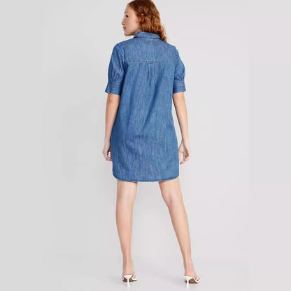 Vestido informal sencillo de manga corta con solapa para mujer