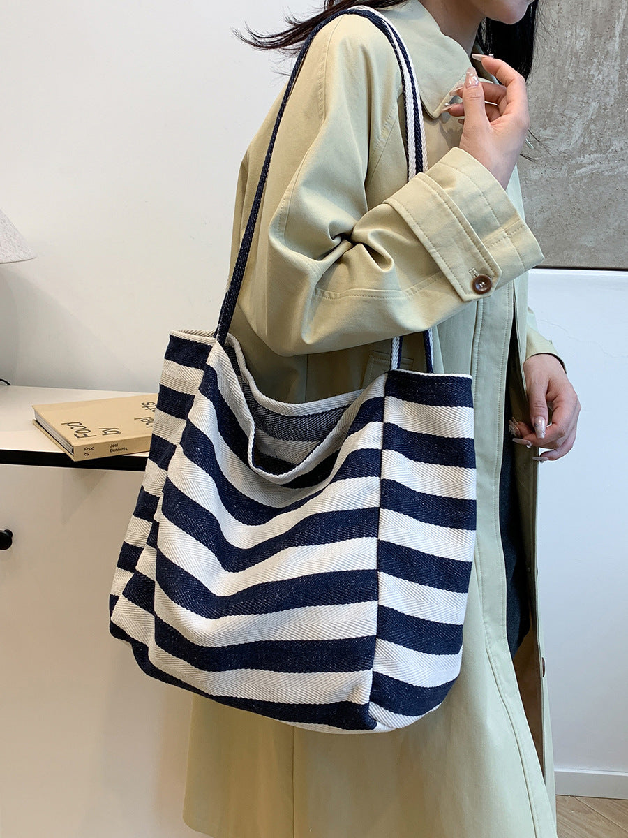 Sac fourre-tout simple et décontracté en toile à rayures de grande capacité