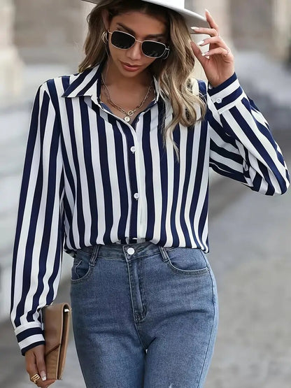 Blusa informal con solapa y estampado de rayas para mujer