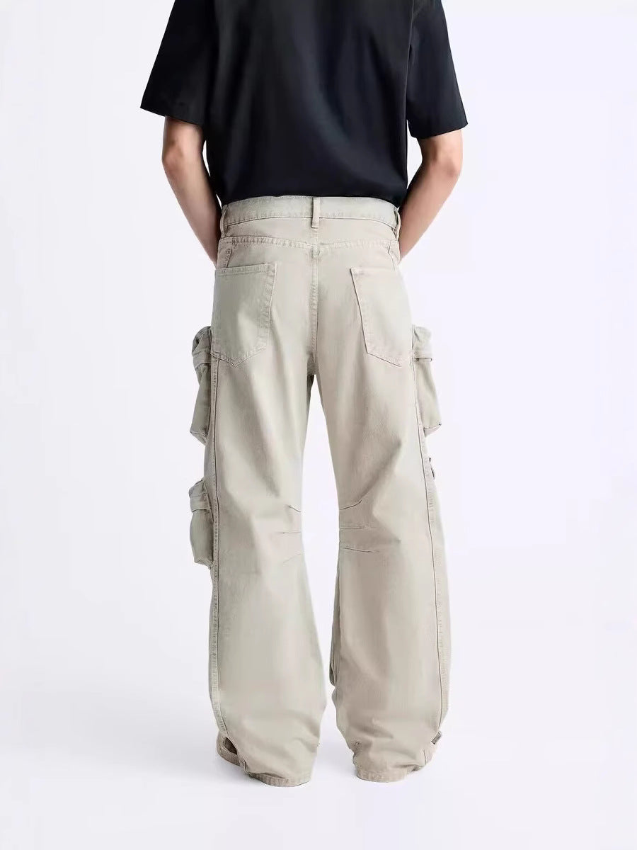 Jean cargo ample à poches et jambes larges pour homme, kaki