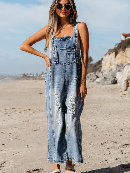 Autumn Cotton Denim Ripped Sleeveless Jumpsuit with High Waist
