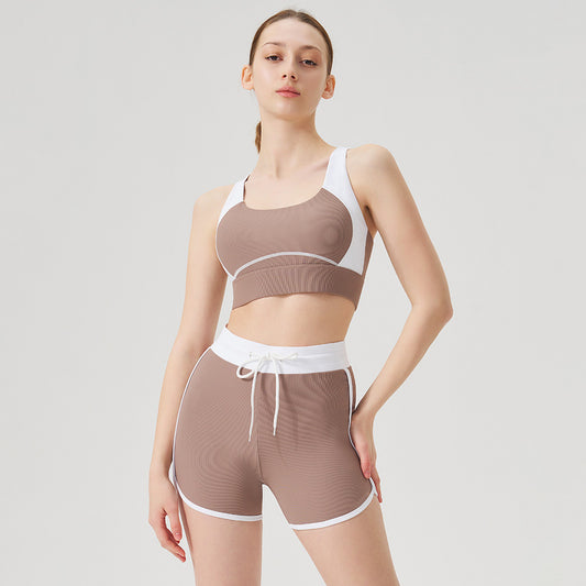 Women Fashion Contrast Color Backless Tank Top and Shorts Two-Piece Set