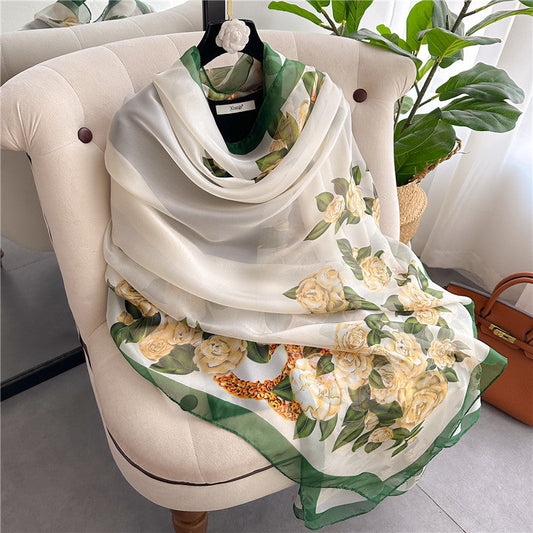 Summer Women Fashion Geometric Leaves Printed Silk Scarf