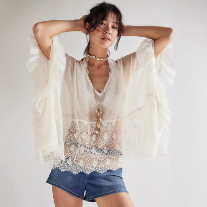 Women Fashion Sexy Mesh Lace Stitching Bat Sleeve Cover-Up
