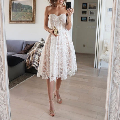 Robe de soirée mi-longue élégante en dentelle florale pour femme