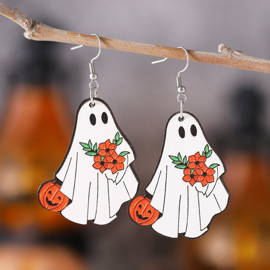 Halloween Women Double-Sided Wooden Earrings with Cartoon Creatures