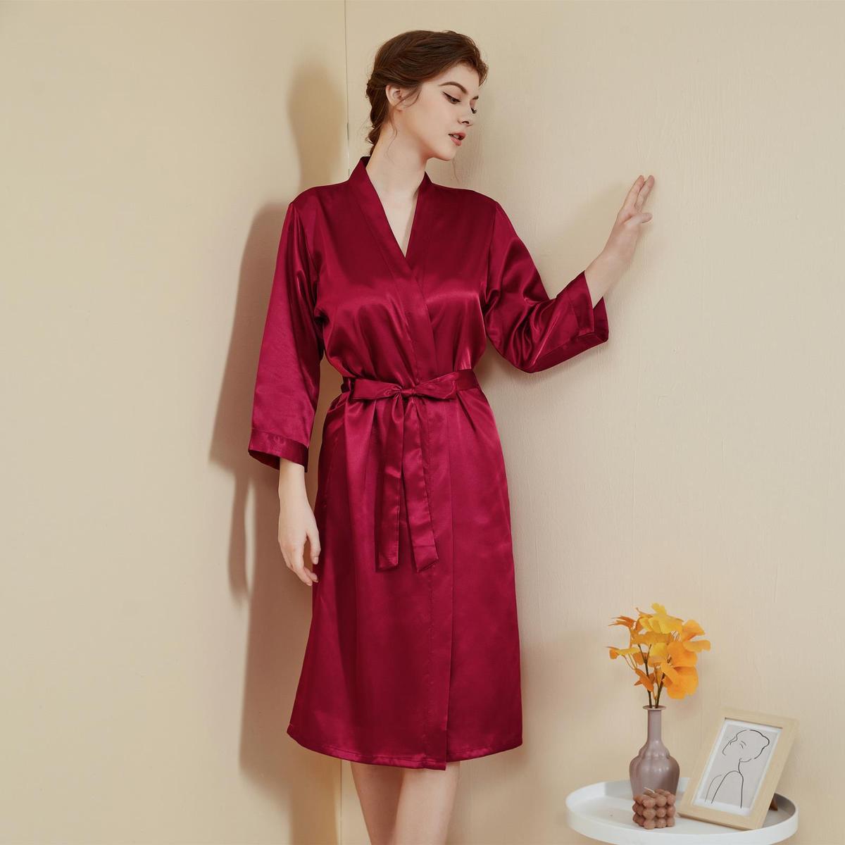 Women Fashion Satin Long Sleeve Lace-Up Pajamas Casual Loose Style