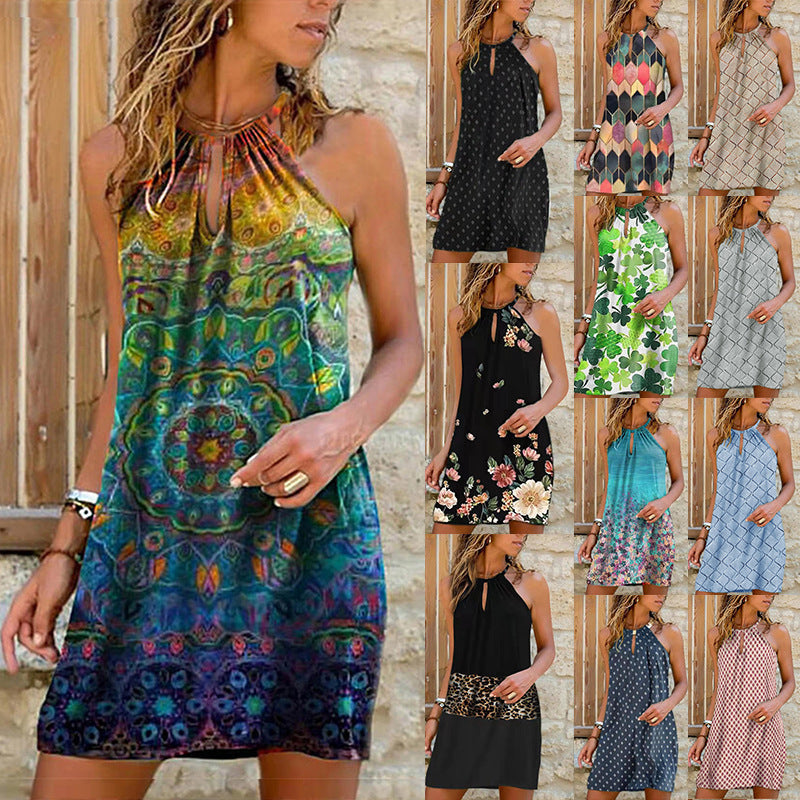 Vestido informal bohemio con estampado floral y cuello halter calado para mujer, talla grande