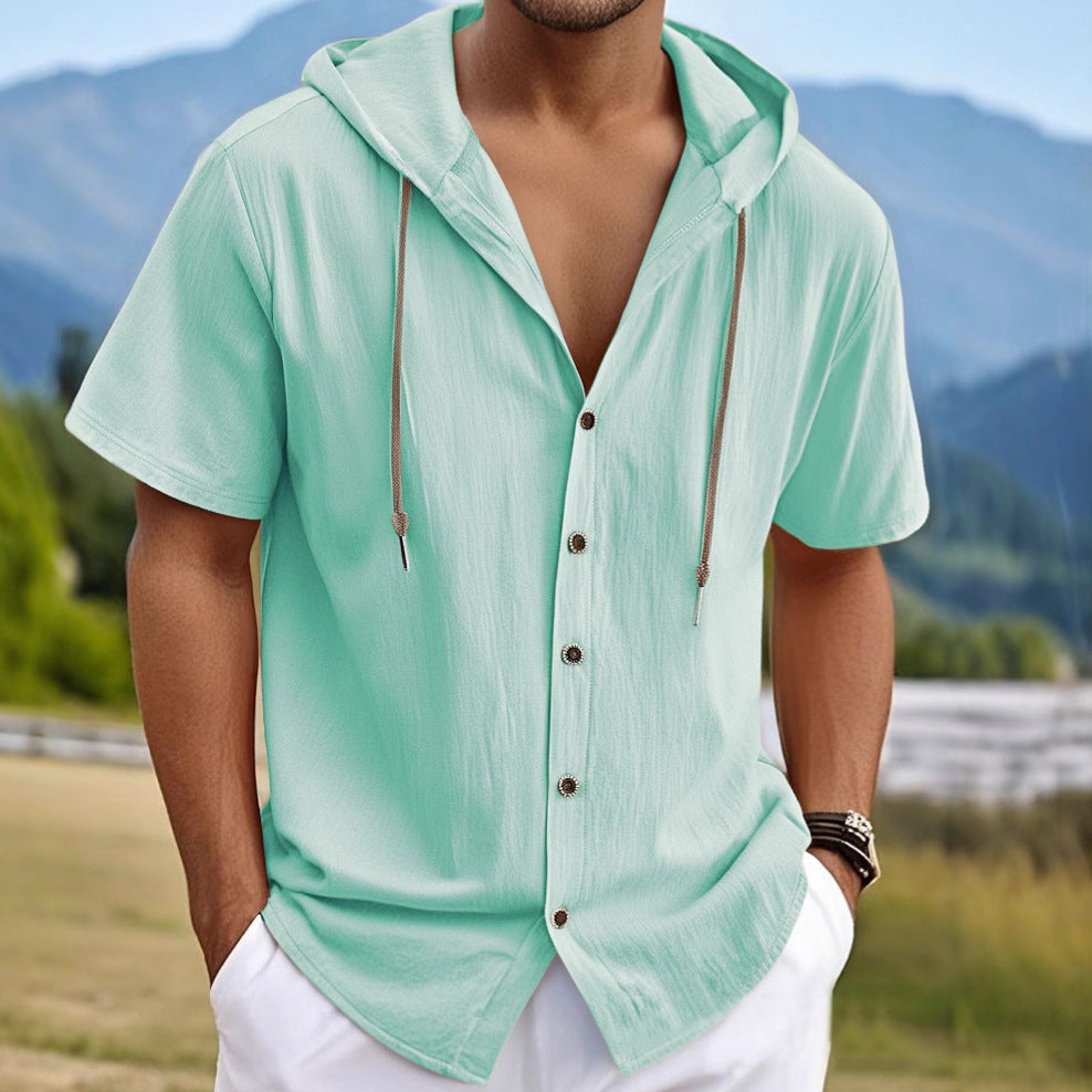 Sudadera con capucha informal de algodón y lino de manga corta para hombre, tendencia que combina con todo.