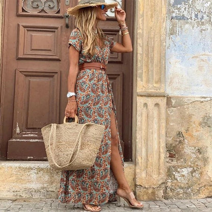 Vestido largo bohemio vintage de verano para mujer, sexy, con escote en V y mangas cortas, con cinturón