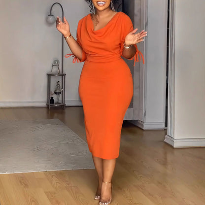 Women Fashion Solid Color Sleeve Drawstring Midi Bodycon Dress