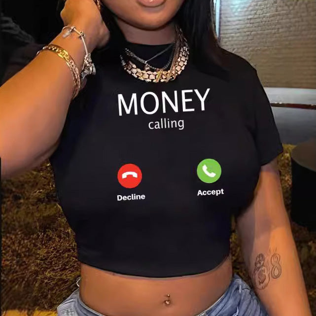 Women Fashion Sexy Printed Short Sleeve Crop Top in Black and White