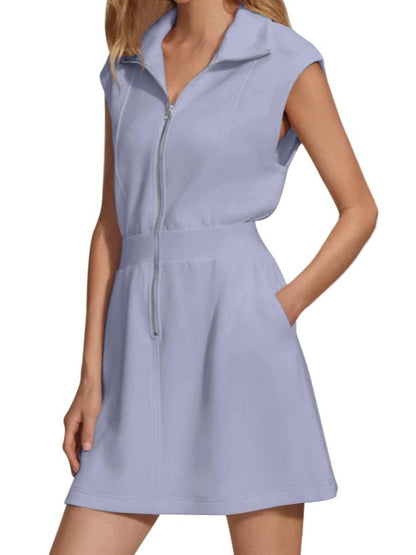 Women Casual Solid Color Sleeveless Dress with Lapel Zipper Pockets