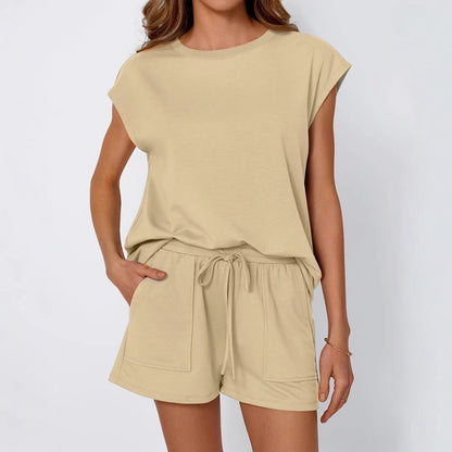 Conjunto informal de dos piezas para mujer, color liso, cuello redondo y manga corta