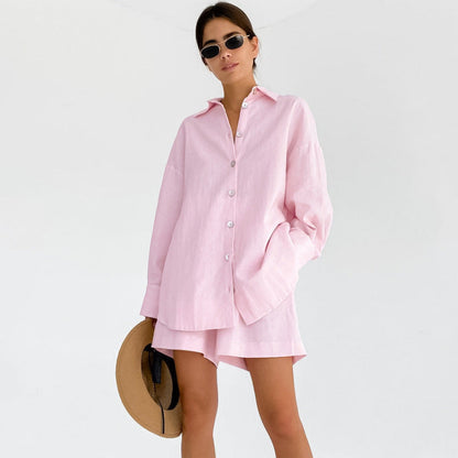Women Fashion Solid Color Cotton Linen Pajamas Set