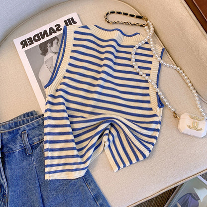 Camiseta de tirantes de verano para mujer de punto a rayas de seda de hielo - Tirantes extraíbles