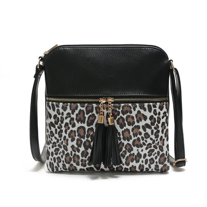 Women Contrast Color Leopard Tassel Bag