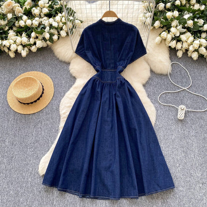 Women Fashion Casual Pleated Deep V-Neck Denim Dress