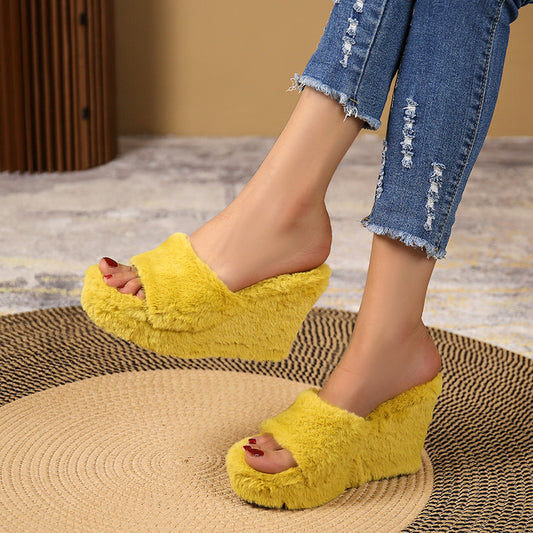 Sandalias de cuña con plataforma de felpa informal para mujer con punta redonda