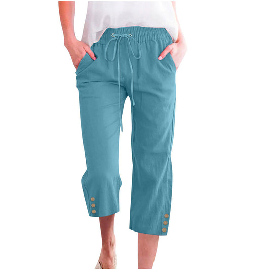 Pantalon ample décontracté en coton et lin avec cordon de serrage pour femme