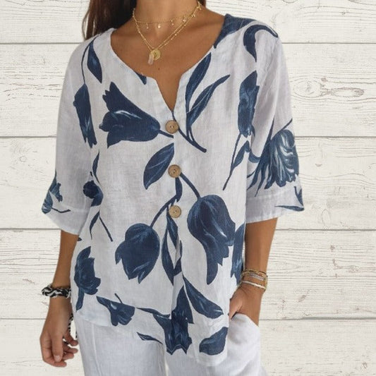 Blusa informal de lino y algodón con estampado floral para mujer