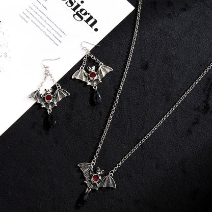 Women Gothic Halloween Bat Necklace Earrings Set