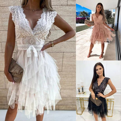 Robe de cocktail sans manches à col en V profond et dentelle en maille unie pour femmes