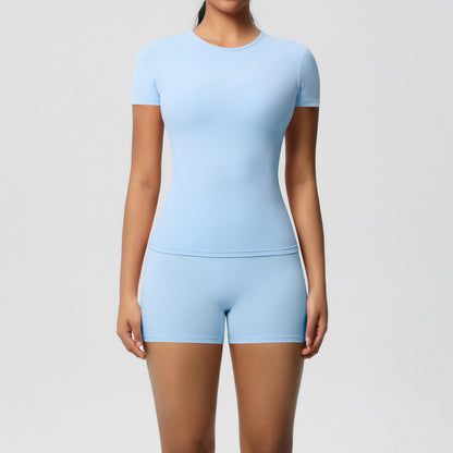 Ensemble de yoga décontracté pour femme, t-shirt à manches courtes et short moulant de couleur unie