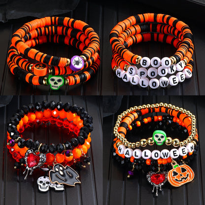 Pulsera de cuentas de calabaza y esqueleto de cerámica blanda para Halloween