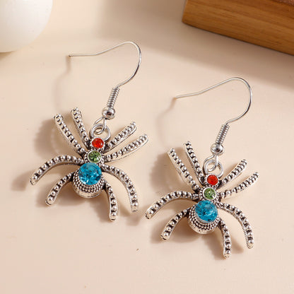 Pendientes colgantes de metal con diseño de araña de Halloween y diamantes de imitación multicolor