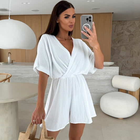 Combinaison ample à col en V et couleur unie pour femme
