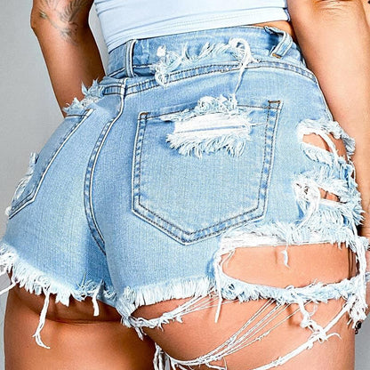 Women Summer Fashion High Waist Ripped Denim Shorts - Cotton & Viscose