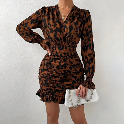 Vestido con volantes y manga larga con estampado de leopardo para mujer