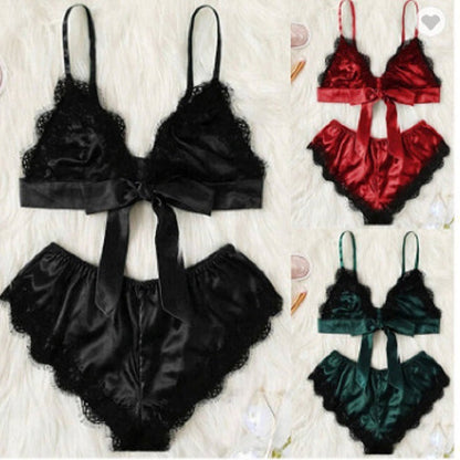 Sexy See-Through Elastic Pajamas Lace Satin Sleepwear Set