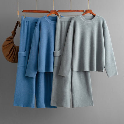 Women Fashion Solid Color Knitted Two-Piece Set