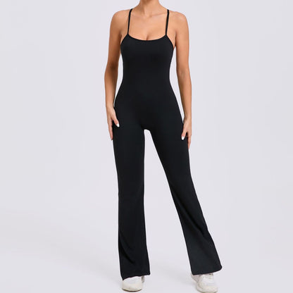 Adjustable Shoulder Strap Flared Yoga Jumpsuits for Women Cotton Blend