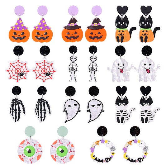 Pendientes acrílicos de Halloween con forma de calabaza y gato para mujer