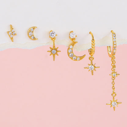 Women Fashion Zircon Star Moon Chain Tassel Earrings Set