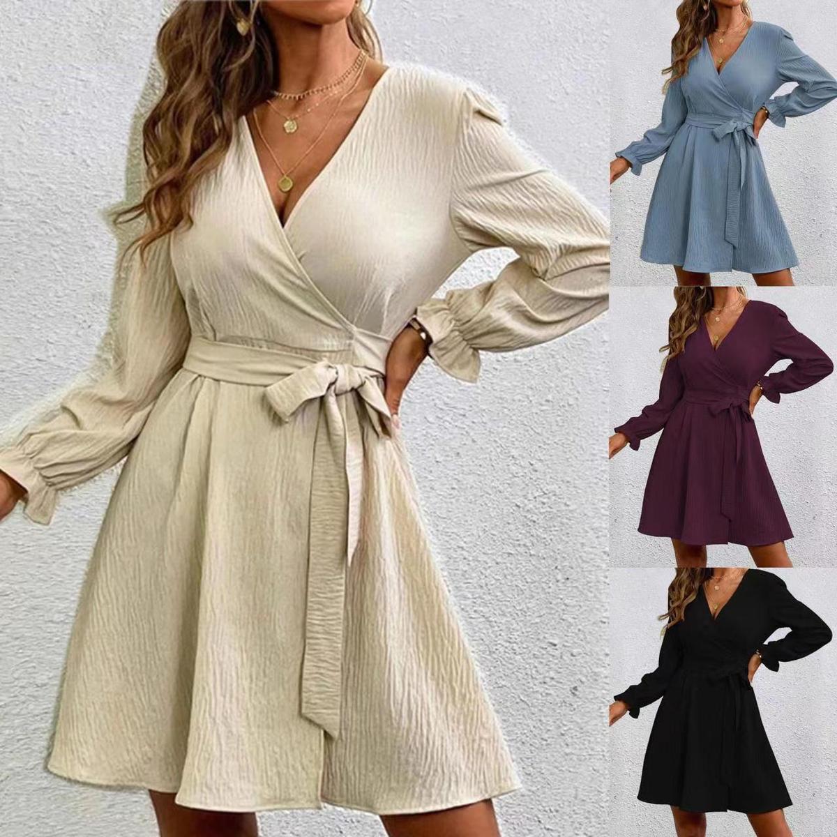 Vestido mini de manga larga con escote en V y color liso para mujer
