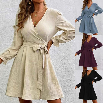 Vestido mini de manga larga con escote en V y color liso para mujer