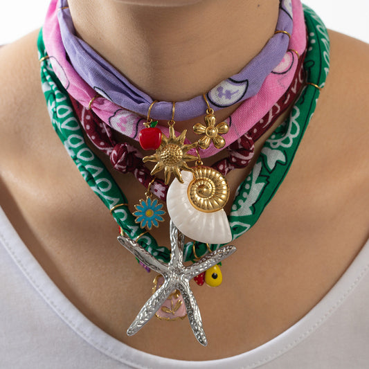 Collar de bufanda de seda con colgante de estrella de mar y caracola de viento oceánico para mujer, joyería de acero inoxidable con forma de animal