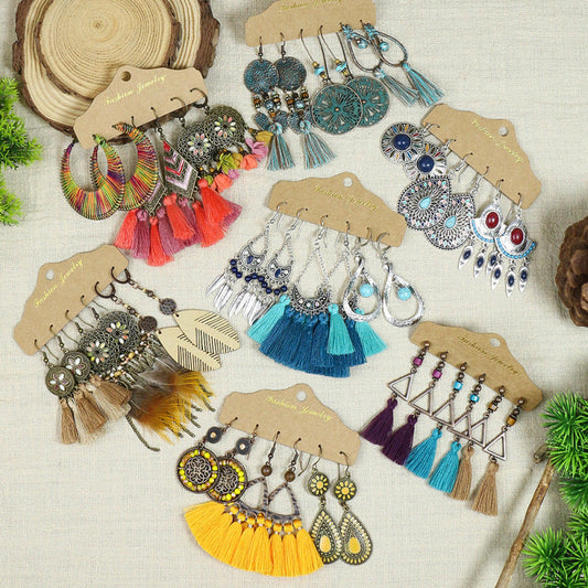 Conjunto de pendientes con borlas creativas retro de estilo étnico bohemio