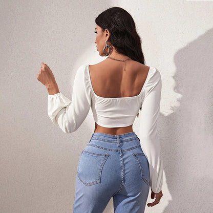 Women Fashion Sexy Casual Pleated Long-Sleeved Crop Top