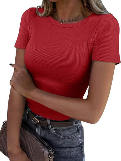 Camiseta de manga corta con canalé elástico de color liso para mujer