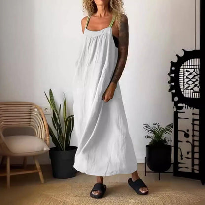 Vestido informal de lino y algodón con tirantes de color liso para mujer