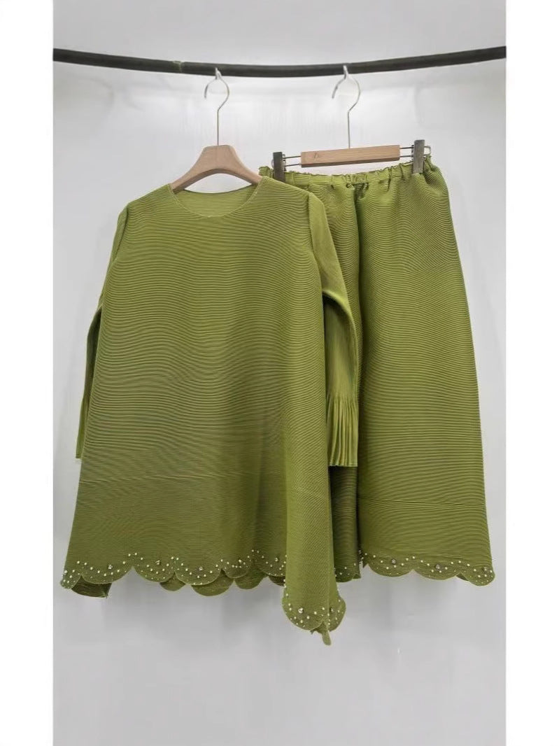 African Women Pleated Solid Color Beaded Casual Set
