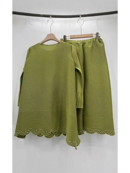 African Women Pleated Solid Color Beaded Casual Set